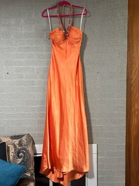 Vintage 2000s Orange Beaded Strapless Halter Prom Dress With Rhinestones
